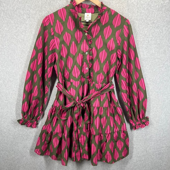 J.Marie Dresses & Skirts - J. Marie Dress Womens Small Pink Olive Green Leaf Print Ruffle Mini Belted EUC